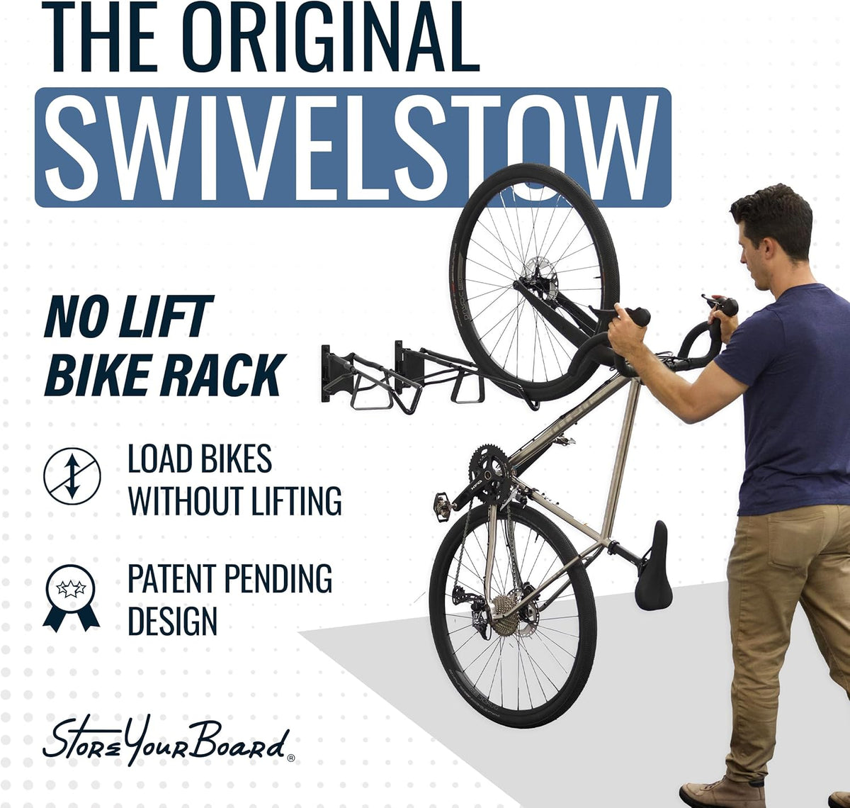 StoreYourBoard SwivelStow Mountainbike opslag 2-pack, geen lift draaibare fiets wandhouder, zware garage fietsenrek, MTB en e-bike