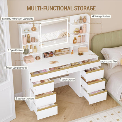 Hzuaneri Large Dressing Table with LED Lights, 3 Colors, Adjustable Brightness, Dressing Table with Mirror, 9 Drawers, 9 Open Shelves, Modern Style, White-Gold DT41903X