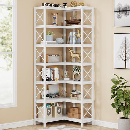 Tribesigns Corner Rack with 7 Shelves, Large Modern Corner Shelf, 7 Stories Corner Shelf with Metal Frame for Living Room, Home Office (White)