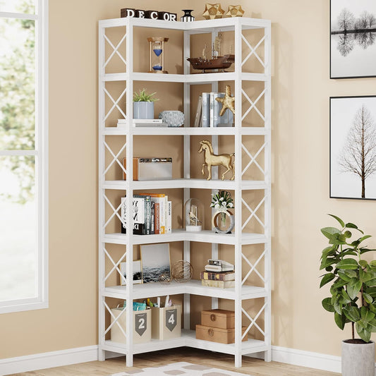 Tribesigns Corner Rack with 7 Shelves, Large Modern Corner Shelf, 7 Stories Corner Shelf with Metal Frame for Living Room, Home Office (White)