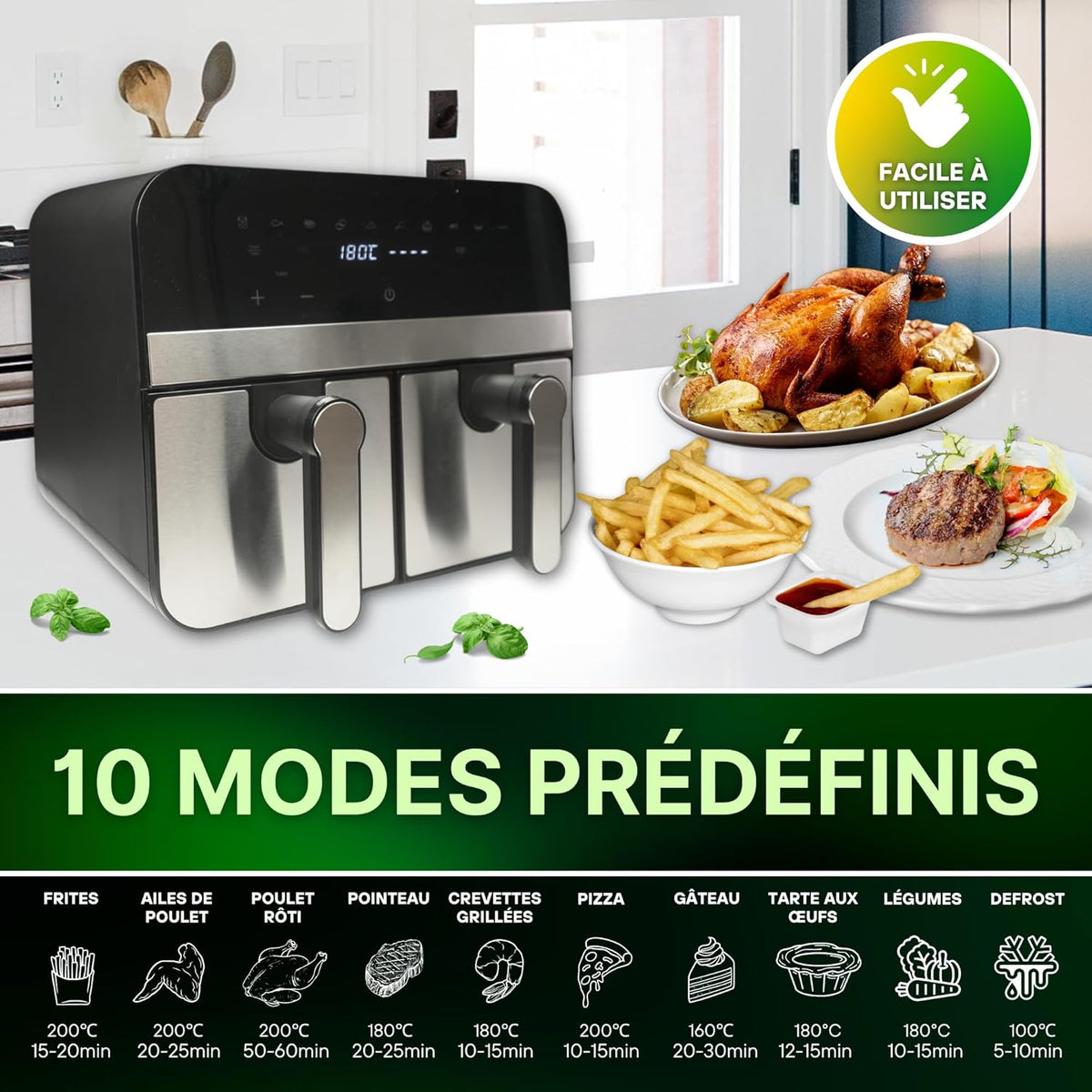 Comfy Nest, CNAFD45NS Heteluchtfriteuse, digitale dubbele mand, 2400 W, 9 l, van roestvrij staal, gezond en snel koken, ideaal voor je familiemaaltijden, 9 l, zilver