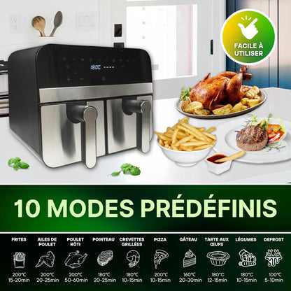Comfy Nest, CNAFD45NS Heteluchtfriteuse, digitale dubbele mand, 2400 W, 9 l, van roestvrij staal, gezond en snel koken, ideaal voor je familiemaaltijden, 9 l, zilver
