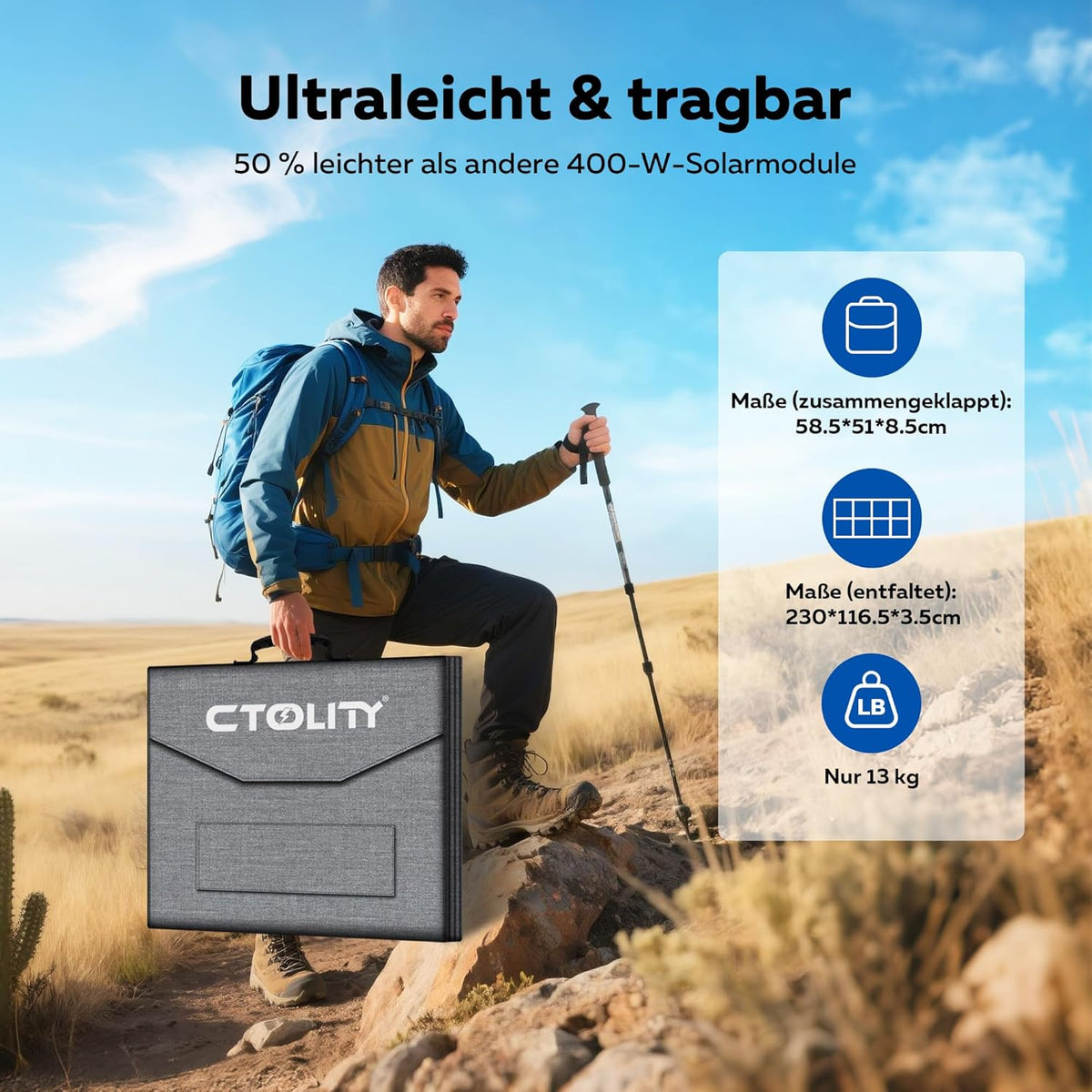Solar Panel with Adjustable Bracket, 400W Foldable Portable Solar Charger, Waterproof, 23% Higher Energy Conversion Efficiency, Portable Solar Panel for Camping, RVs and Power Failures - QUORE