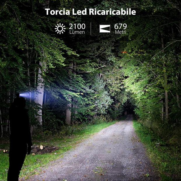 Zaklamp - Tactische Zaklamp - LED-buitenlamp - Krachtige - Oplaadbare - Draagbare - met Li-Ion Batterij -  voor Zoeken - Wandelen - Noodsituatie - 2100Lm - 697m Lichtpad - 3.7V - ‎IPX8 - Zwart