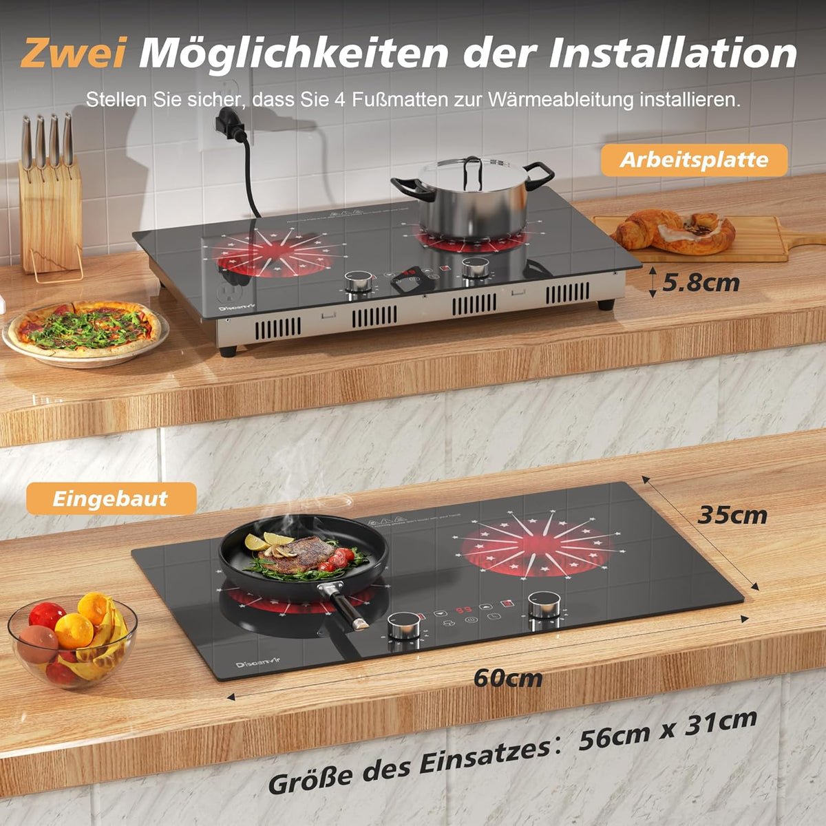 Heraplatte 2 kookplaten met stekker, 3200 W kookplaat, 2 platen, draagbare keramische kookplaat, dubbele draaiknop, kookplaat met 9 standen, 2 vrijstaand, timer, veiligheidsslot, Disaenvir