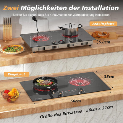 Heraplatte 2 kookplaten met stekker, 3200 W kookplaat, 2 platen, draagbare keramische kookplaat, dubbele draaiknop, kookplaat met 9 standen, 2 vrijstaand, timer, veiligheidsslot, Disaenvir