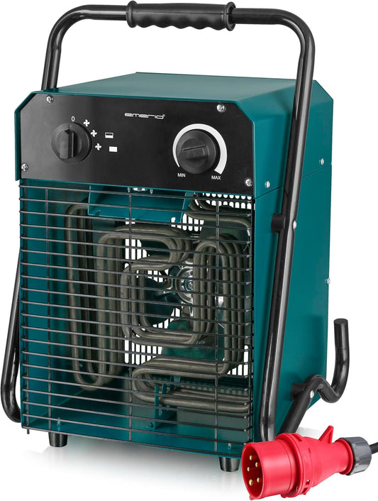 EMERIO Ventilatorkachel, voor ruimtes tot 50 m², IP24, 5000 W krachtstroom, roestvrijstalen verwarmingselement, 2 warmtestanden, instelbare thermostaat, oververhittingsbeveiliging, stabiele