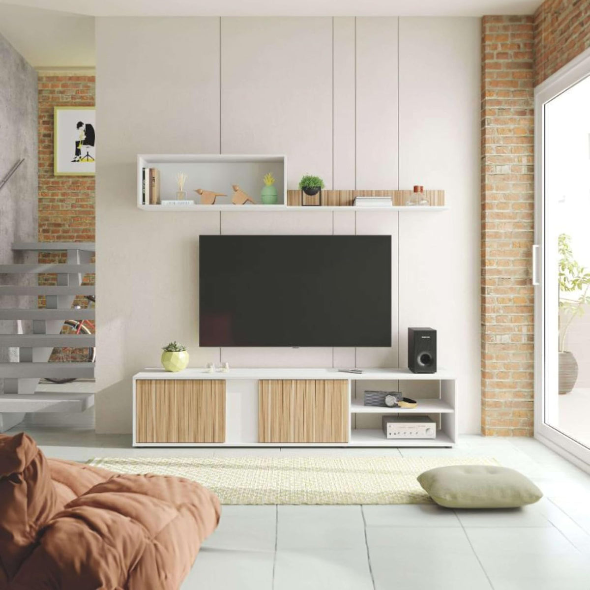 Habitdesign Tv-meubel, omkeerbaar, model Ecco, witte afwerking, artik en natuur, afmetingen: 40 cm (H) x 180 cm (B) x 33 cm (D)