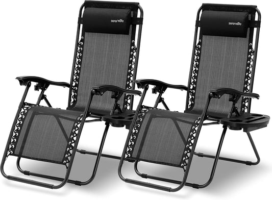 Serenelife Ligstoel, Set van 2 Ligstoelen - Verstelbare Tuinligstoelen met Bekerhouders en Afneembare Kussens - Opvouwbare en Draagbare Loungestoelen voor Terras, Tuin, Strand - Zwart