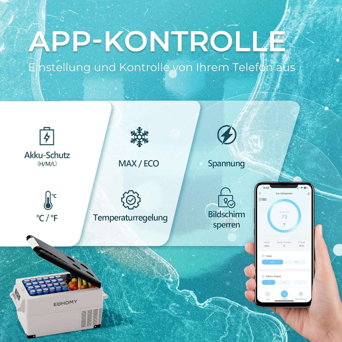 EUHOMY Compressor-koelbox, 30,6 liter, 12 V/24 V DC, koel-vriescombinatie (-20 °C ~ 20 °C) met app en lcd-display, draagbare campingkoelkast voor camper, auto, boot, 3-traps batterijbescherming (ECO