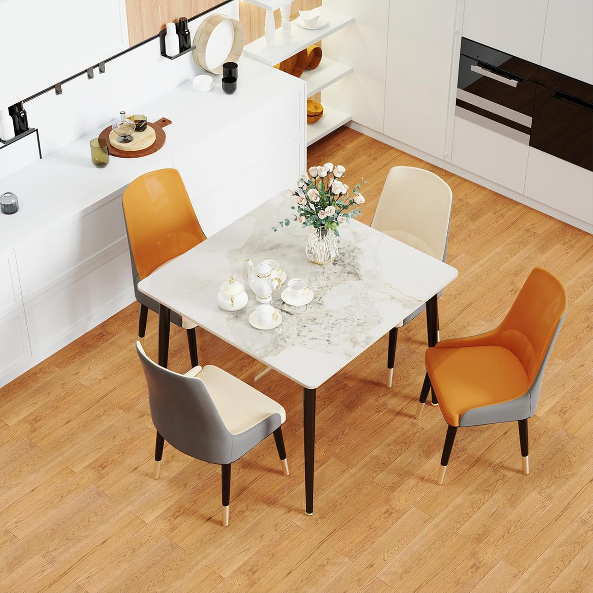 FATIVO Eettafel, kleine keukentafel, marmer voor 2 personen, eetkamertafel, eenvoudig, woonkamer, eettafel, hoogglans, tafels voor eetkamer, restaurant, metalen tafelpoten, 80 x 80 cm, Scandinavisch