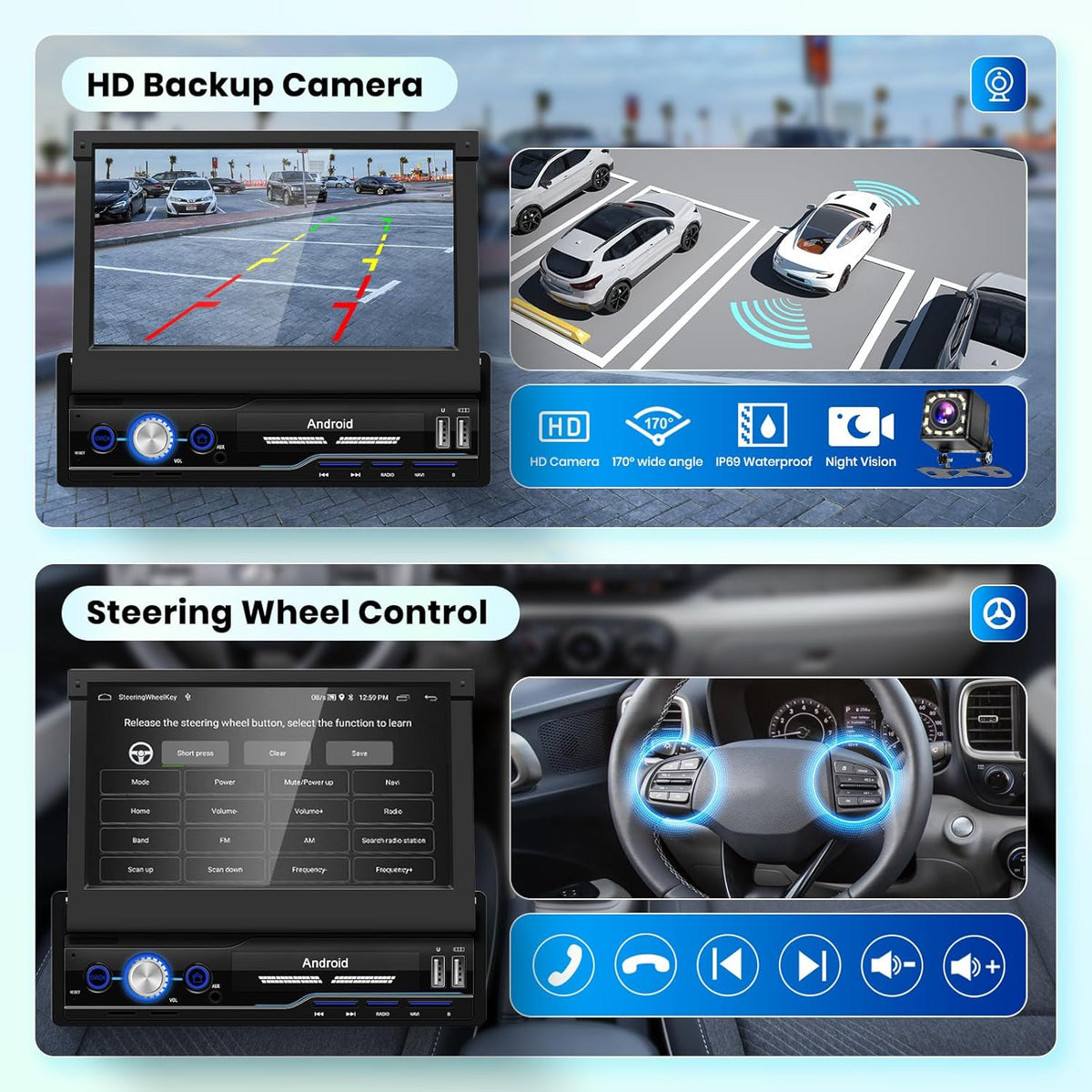 2G+64G Android Autoradio 1 Din Draadloos CarPlay Android Auto 7 inch Handmatig Inklapbaar Scherm met Mirror Link Dual Bluetooth FM/RDS/EQ WiFi Navi GPS USB Stuurwielbediening Achteruitrijcamera