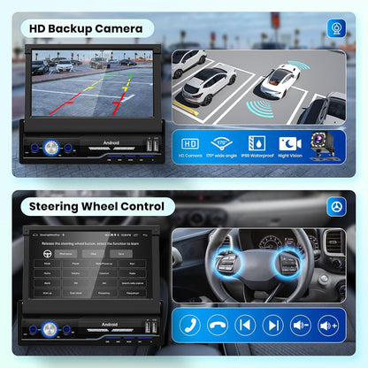 2G+64G Android Autoradio 1 Din Draadloos CarPlay Android Auto 7 inch Handmatig Inklapbaar Scherm met Mirror Link Dual Bluetooth FM/RDS/EQ WiFi Navi GPS USB Stuurwielbediening Achteruitrijcamera