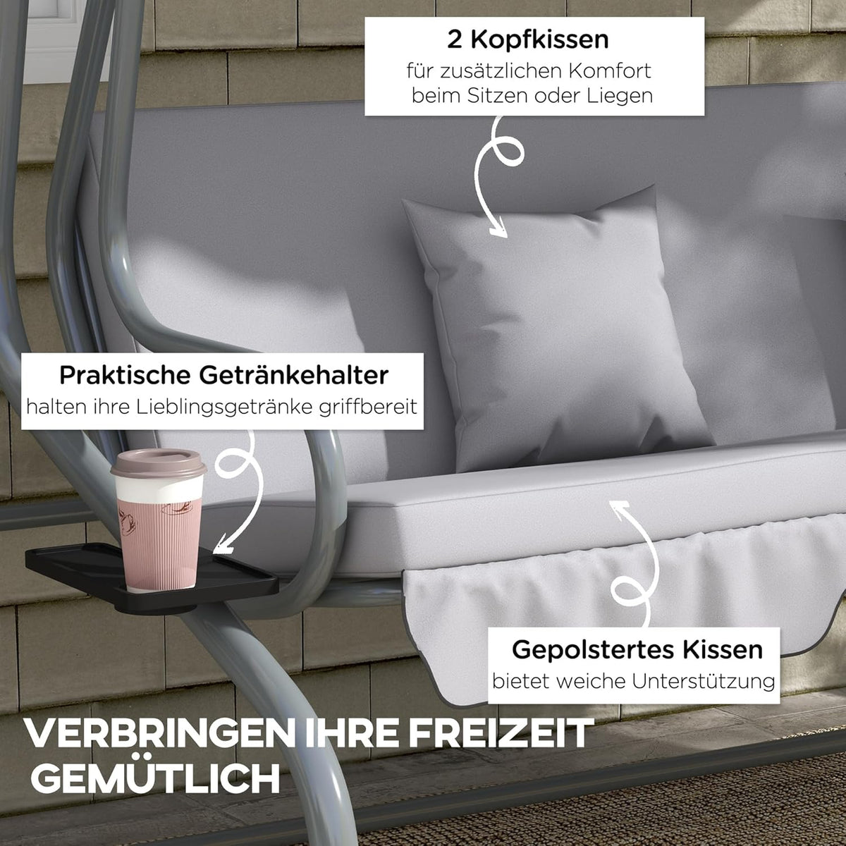 Outsunny Swing Bench, 3-Seater Garden Swing with Adjustable Roof, Cushion, Swing with Reclining Function, Folding Side Table, up to 340 kg, for Garden, Balcony, Light Grey - QUORE