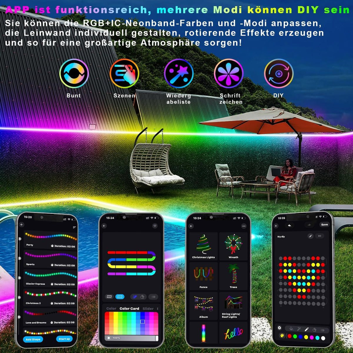 Lichaser RGB+IC Outdoor LED Neon Strip IP68 Waterproof Bluetooth Flexible with APP and 2.4G Remote Control 24V Silicone Light for Balcony Parties Festivals (15M*1)