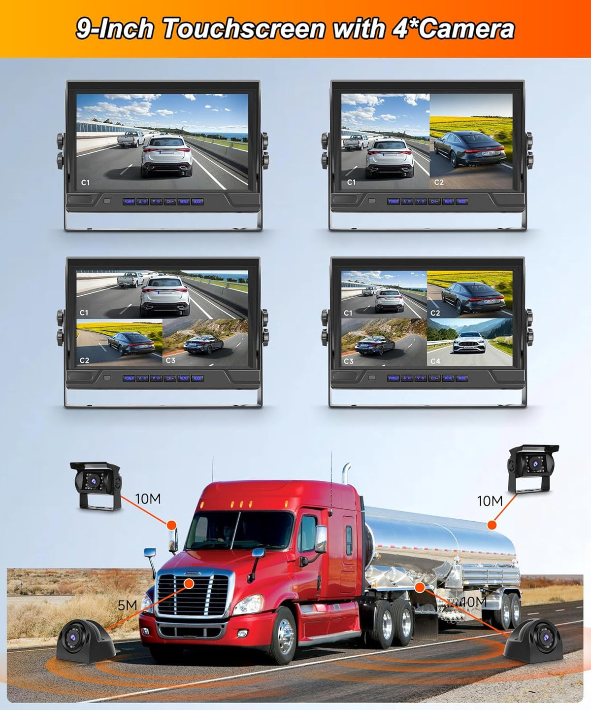 4 x achteruitrijcamera-kabel met 9 inch IPS-monitor, parkeerhulp, 18 led-achteruitrijcamera, auto, nachtzicht/IP68 waterdicht, voor SUV, vrachtwagen, camper, DC 12-24 V, loop-opname
