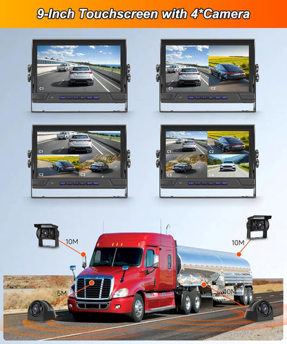 4 x achteruitrijcamera-kabel met 9 inch IPS-monitor, parkeerhulp, 18 led-achteruitrijcamera, auto, nachtzicht/IP68 waterdicht, voor SUV, vrachtwagen, camper, DC 12-24 V, loop-opname