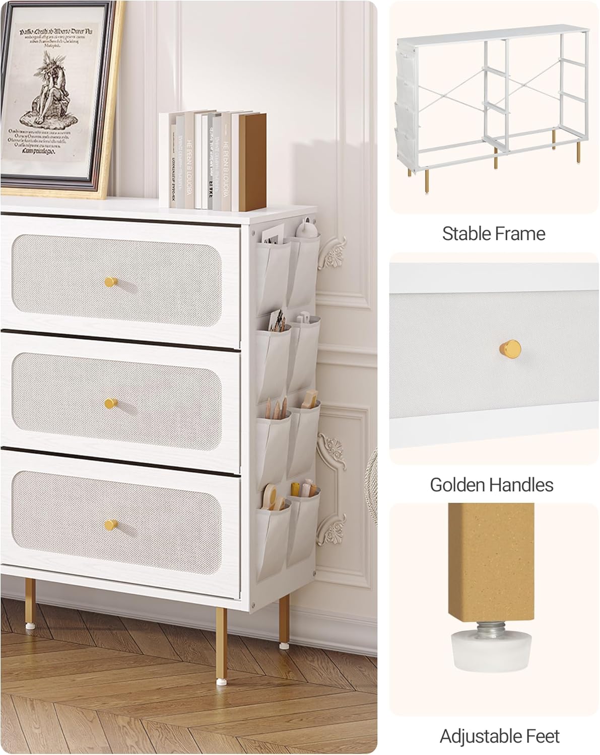 Hzuaneri Chest of Drawers 110 cm, Cabinet with 6 Fabric Drawers, Multifunctional Dresser with Fabric Bag, Metal Frame, 30 x 110 x 85 cm, for Living Room and Bedroom, Modern, White Gold DU25813AW