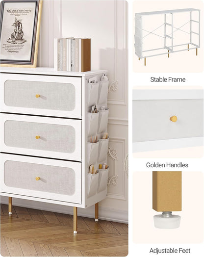 Hzuaneri Chest of Drawers 110 cm, Cabinet with 6 Fabric Drawers, Multifunctional Dresser with Fabric Bag, Metal Frame, 30 x 110 x 85 cm, for Living Room and Bedroom, Modern, White Gold DU25813AW