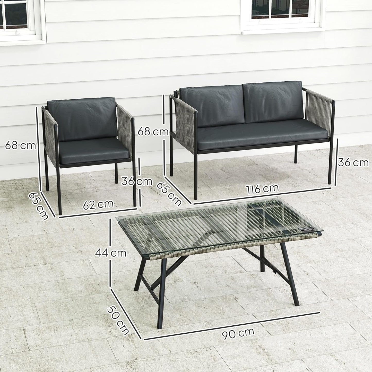 Outsunny Polyrattan Garden Furniture Set with 2-Piece Sofa, Chair, Glass Table, Cushion, Weatherproof, Balcony Furniture for 4 Persons, Outdoor Seating, Patio Furniture for Garden Balcony, Grey - QUORE