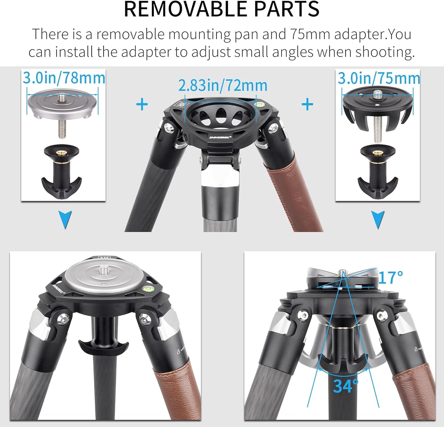 Koolstofvezel statief INNOREL ST344C Professionele zware camera statieven met gratis 75mm bowl adapter max. buisdiameter 34.4mm/ max. Belasting 35kg / max. Hoogte 160 cm voor DSLR-reizen