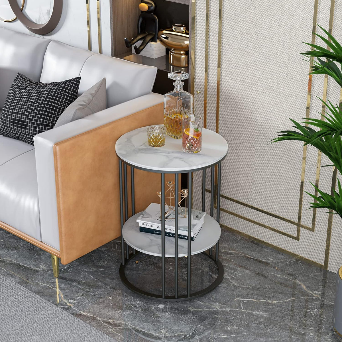 FATIVO Bijzettafel, rond, marmer, wit, 2 planken, woonkamertafel, moderne salontafel, luxe nachtkastje met zwart ijzeren frame, 40 x 40 x 54 cm, voor woonkamer, slaapkamer