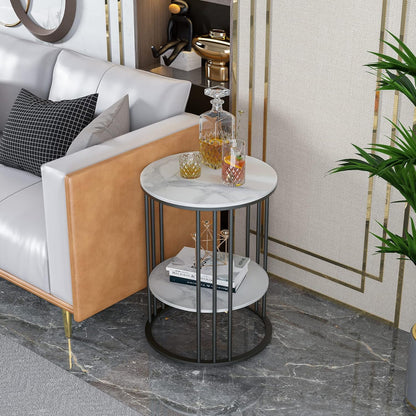 FATIVO Bijzettafel, rond, marmer, wit, 2 planken, woonkamertafel, moderne salontafel, luxe nachtkastje met zwart ijzeren frame, 40 x 40 x 54 cm, voor woonkamer, slaapkamer