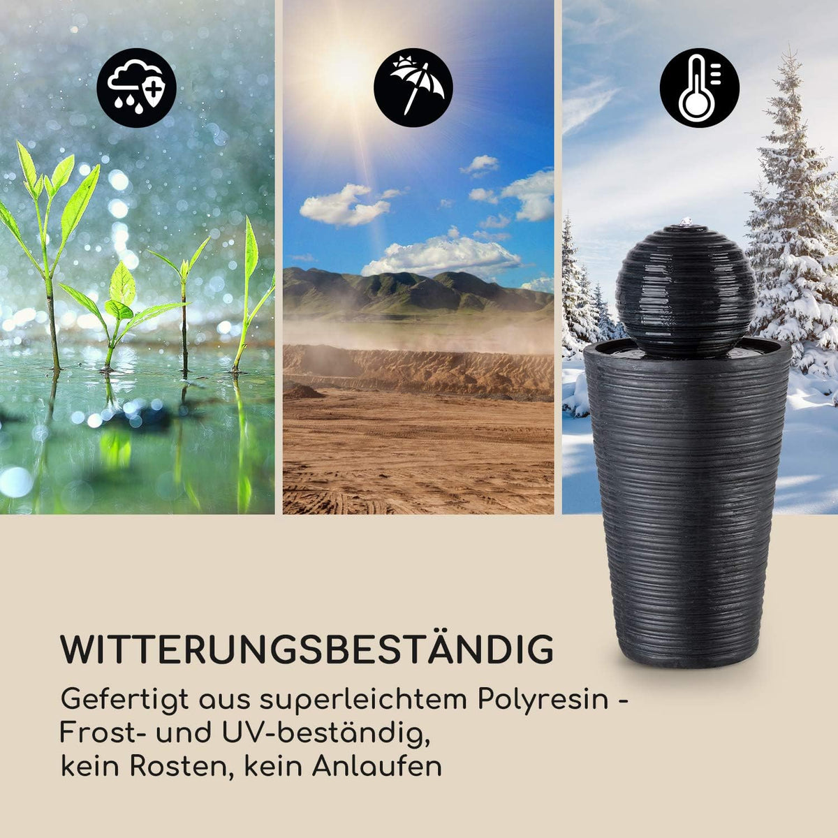 blumfeldt Liquitorre XL tuinfontein - waterornament, zonnefontein, pomp: 200 l/h / IPX8, zonnepaneel: 2 W / 300 cm², batterij tot 8 uur bedrijfstijd / 3,7 V / 2 Ah, LED-verlichting, polyresin