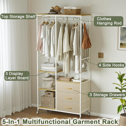 Kledingrek – Garderoberek – Open Kast – Kledinghouder – Kledingwagen Beige – Stalen Frame – 3 Lades Met Wieltjes En Haken