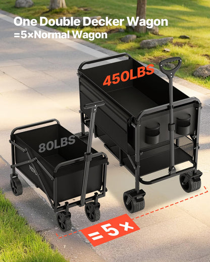 VEVOR Dubbeldekker vouwwagen, inklapbaar, 300 liter, zware vouwwagen, verlengde lange tuinwagen met all-terrain wielen, ondersteuning tot 450 lbs, outdoor utility wagen voor kamperen, sport, winkelen