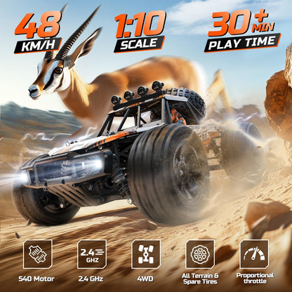 DEERC afstandsbedieningsauto op schaal 1:10 voor volwassenen en jongens, 48 km/u 4x4 RC monstertruck met verlichting, 2 batterijen voor 30 minuten speelplezier, 2,4 GHz terreinwagen RC