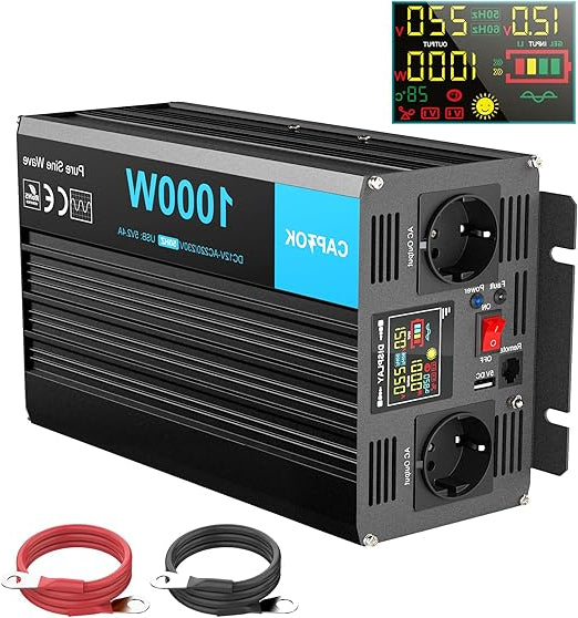 Omvormer 12V Naar 230V – Spanningsomzetter – Inverter – Stroomomvormer – Converter – 1000W Pure Sinusgolf – LCD Display & Afstandsbediening