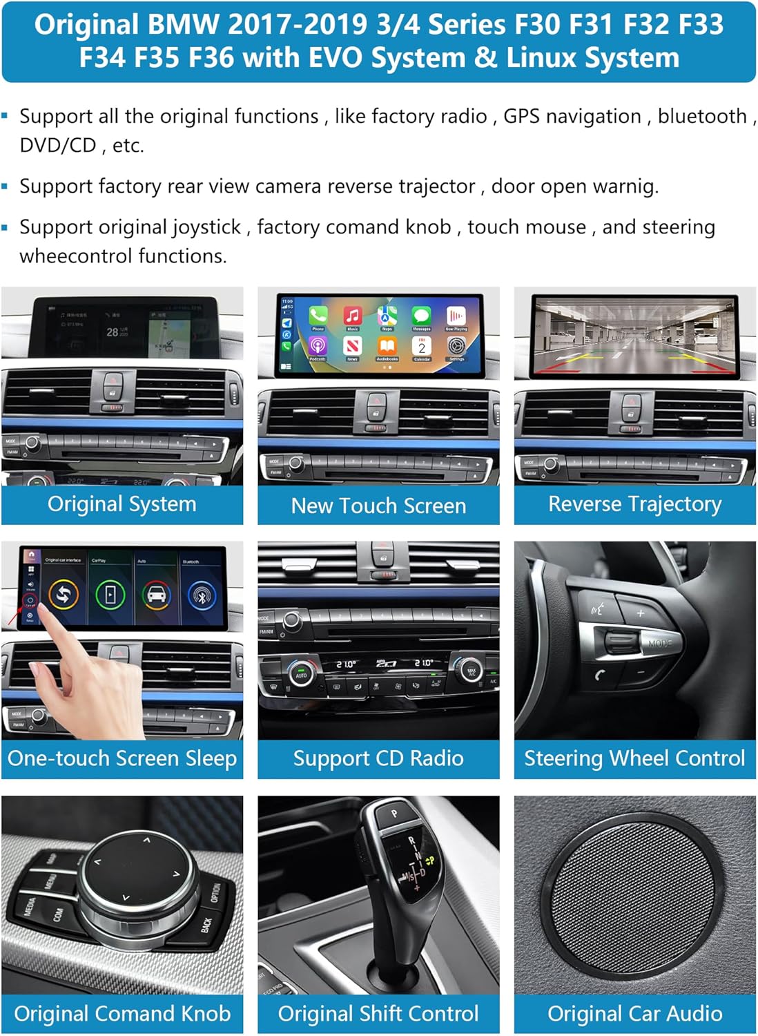 Ninetom 12,3 inch autoradio met Carplay en Android Auto voor BMW 3/4 Series F30 F31 F32 F33 F34 F35 F36 Jaren 2017-2019 met EVO-systeem, ondersteuning voor Mirrorlink, camera en navigatie