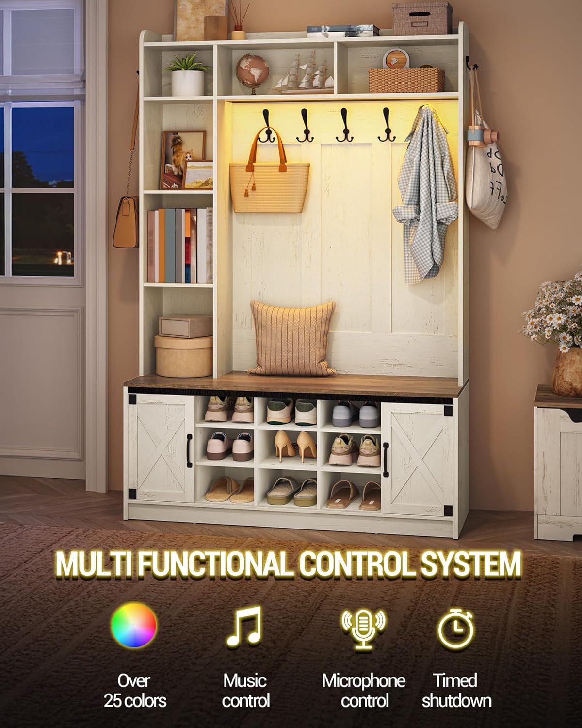 Hzuaneri Hallway tree, LED storage space and coat rack in wood, hall furniture with 7 hooks, hallway tree with bench and storage space, shoe bench with 6 storage compartments, rustic white HT24614XEU