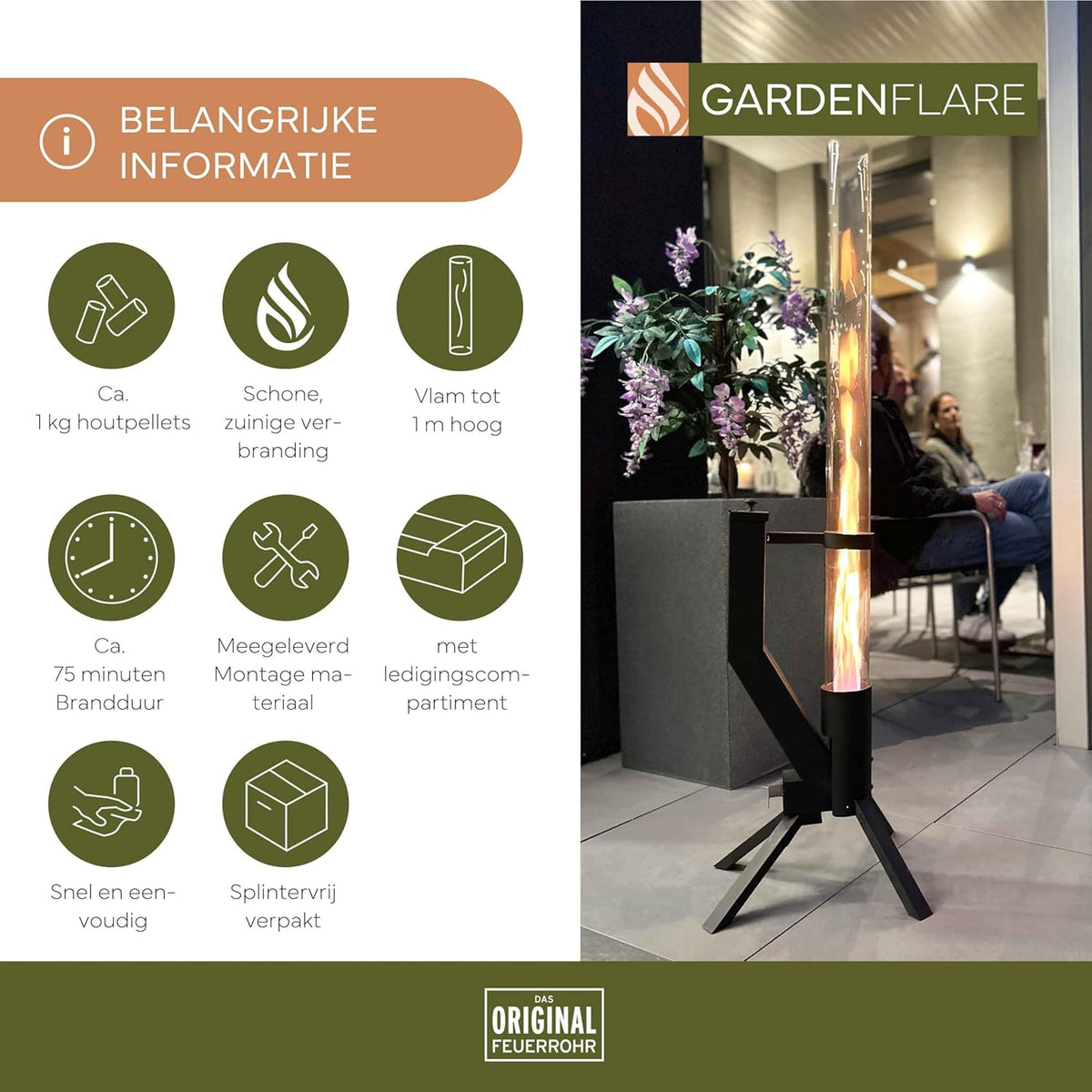 Vuurbuis, roestvrijstalen vuurzuil en pelletfakkel voor een geweldig sfeervuur, elegante terrasverwarmer en tuinhaard, alternatief voor je terras en tuin (zwart gepoedercoat)