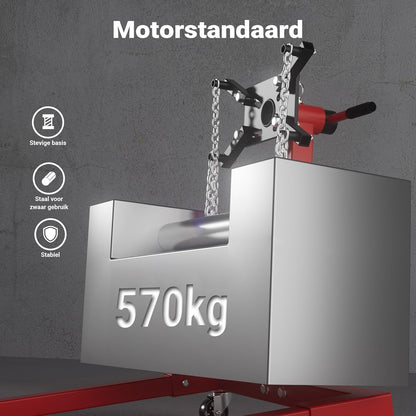 Wiltec motorbloksteun tot 570 kg, stalen motorstandaard voor het tillen van automotoren, motorsteun met wielen voor reparaties en onderhoud