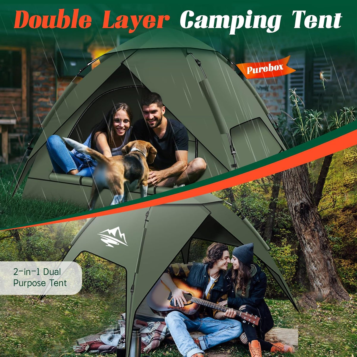 Purebox Campingtenten, Instant pop-up tent voor 2-3 personen, 2-in-1 dubbellaagse tenten, waterdichte en winddichte koepeltent met afneembaar buitentzeil, geschikt voor wandelen, buitenactiviteiten,
