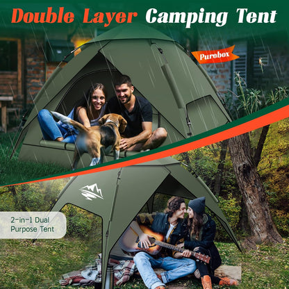 Purebox Campingtenten, Instant pop-up tent voor 2-3 personen, 2-in-1 dubbellaagse tenten, waterdichte en winddichte koepeltent met afneembaar buitentzeil, geschikt voor wandelen, buitenactiviteiten,