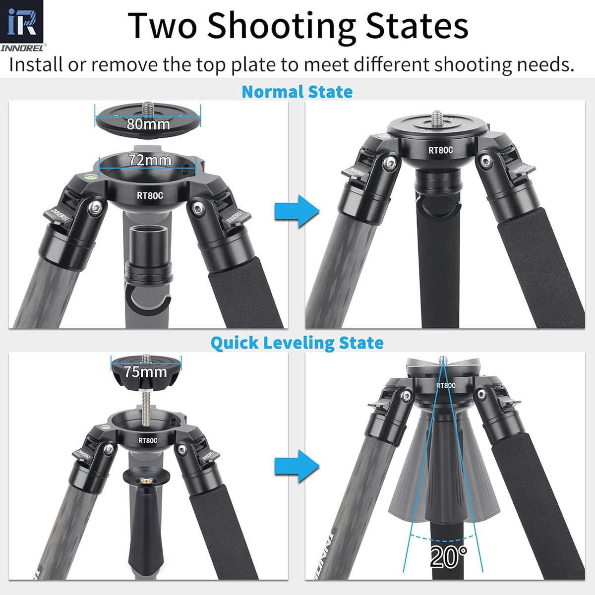 INNOREL RT80C Koolstofvezel Statief Moerslot Professioneel Camera Statief voor Zwaar Gebruik, Ultrastabiel Max buis 32 mm Max Belasting 20 kg Werkhoogte 27-160cm met 65mm Komadapter/zak