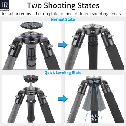 INNOREL RT80C Koolstofvezel Statief Moerslot Professioneel Camera Statief voor Zwaar Gebruik, Ultrastabiel Max buis 32 mm Max Belasting 20 kg Werkhoogte 27-160cm met 65mm Komadapter/zak