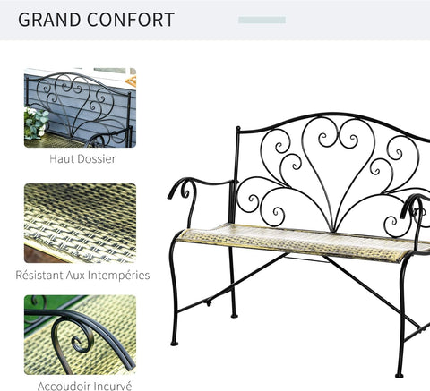 Tuinbank - Buitenbank - Terrasbank - Balkonbank - 2-zitsbank - met Metaal Frame - Armsteunen - Neo-Retro Stijl - Tuinmeubelen - voor Tuin - Terras - Balkon - Epoxy Meubelafwerking - 100 x 50 x 88 cm - Zwart