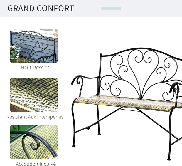 Tuinbank - Buitenbank - Terrasbank - Balkonbank - 2-zitsbank - met Metaal Frame - Armsteunen - Neo-Retro Stijl - Tuinmeubelen - voor Tuin - Terras - Balkon - Epoxy Meubelafwerking - 100 x 50 x 88 cm - Zwart