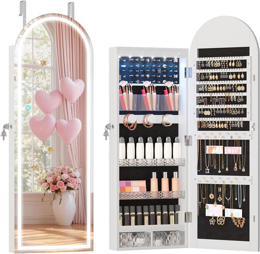 LVSOMT Rotatable Jewellery Cabinet with Full Length Mirror, Lockable Jewellery Cabinet for Cosmetics, Skincare, Standing Toilet Mirror, Bedroom Wardrobe - QUORE
