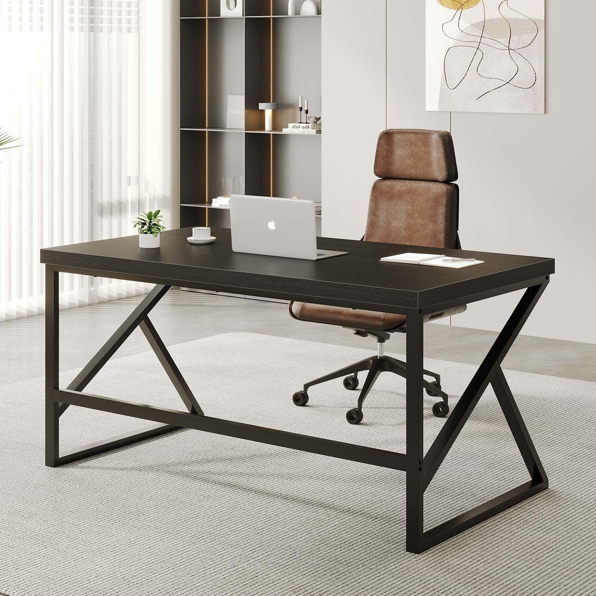 HSH Bureau, computertafel als moderne pc-tafel en bureautafel voor thuiskantoor, van metaal en hout, voor woonkamer, slaapkamer, werkkamer, zwart, 140 cm