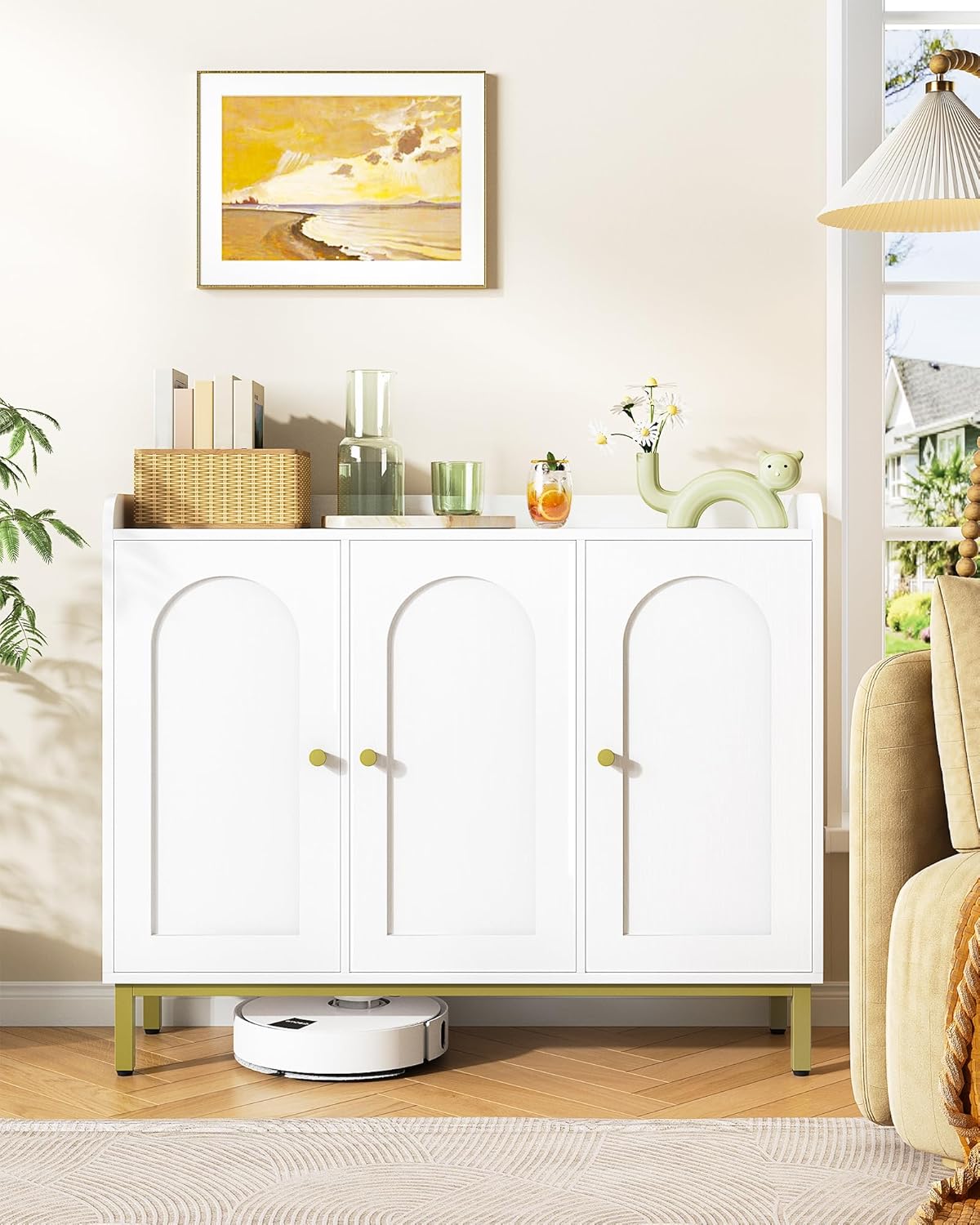 Hzuaneri Sideboard, sideboard, kitchen cabinet, kitchen chest of drawers, 3 doors, adjustable shelves, for kitchen and living room, storage cabinet, 30 x 100 x 80.5 cm, white SC21313G