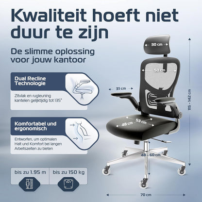 Ergonomische Bureaustoel – Kantoorstoel – Gaming Stoel – Werkstoel – Draaistoel – Verstelbaar Mesh-Stof – Stevig Stalen Frame Tot 150 kg