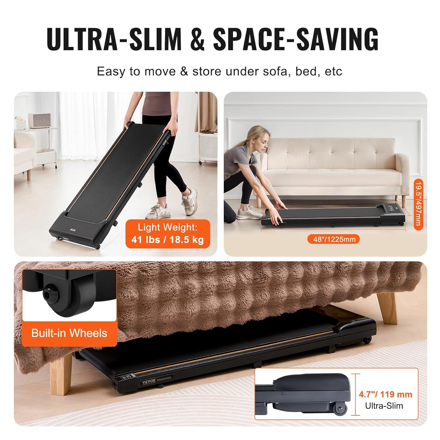 VEVOR Walking Pad Under The Desk, Working Treadmill with 120kg Load Capacity, Portable Pad with 2.5 HP, Remote Control, LED Display, 1-6 km/h, Black - QUORE