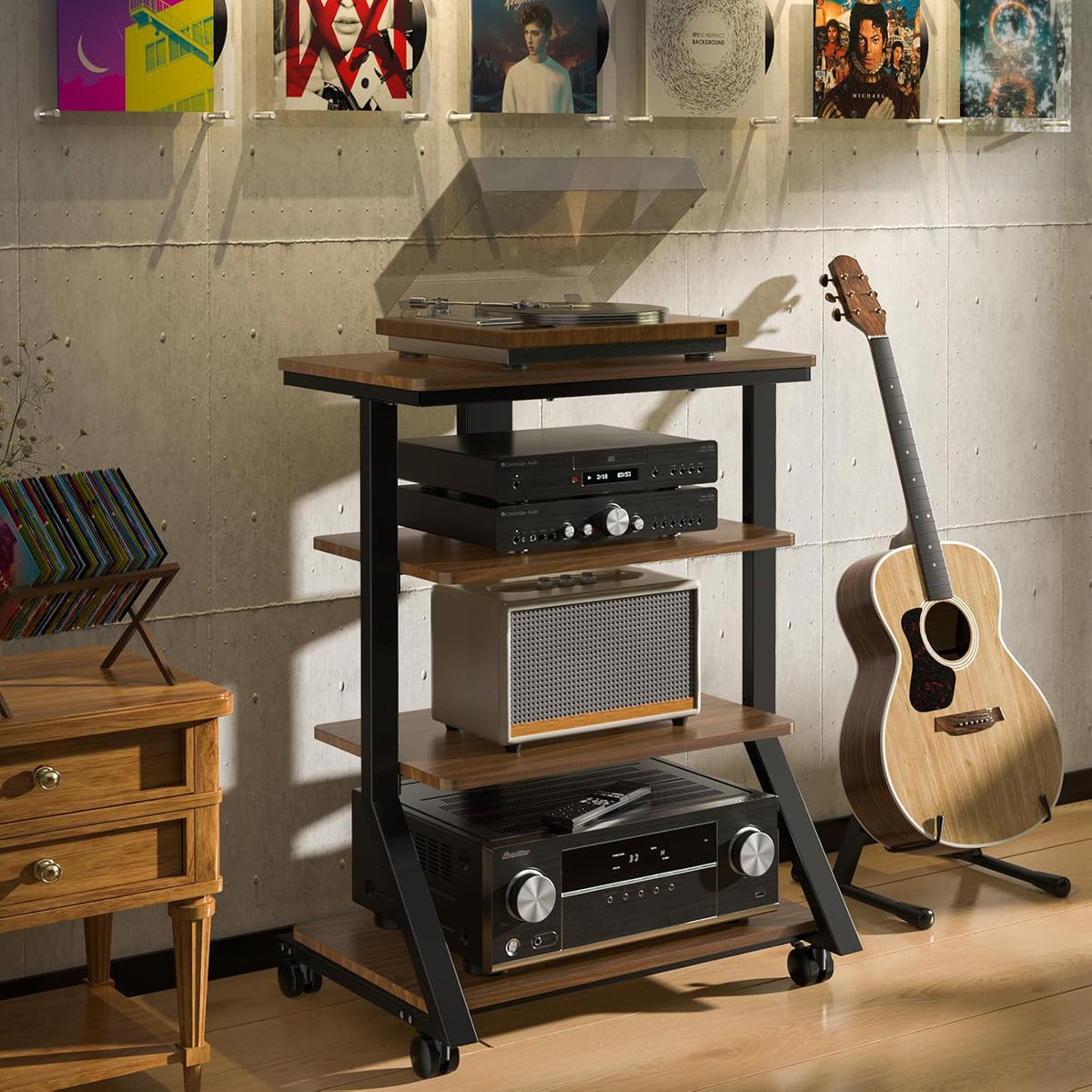 HiFi-rek – Audiorek – Mediameubel – AV-plank – Entertainmentstandaard – 4 niveaus – 8 mm planken, zwenkwielen met vergrendeling