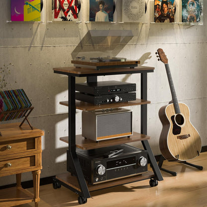 HiFi-rek – Audiorek – Mediameubel – AV-plank – Entertainmentstandaard – 4 niveaus – 8 mm planken, zwenkwielen met vergrendeling