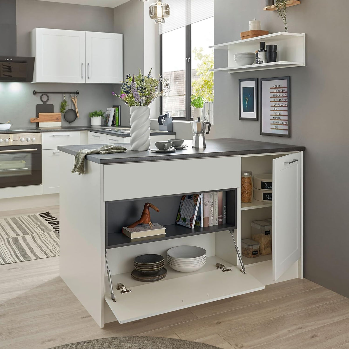 Keukeneiland – Kücheninsel – Keukenblok – Keukentrolley – Werkbank – Modern Mat Wit – Metallic Bruin Werkblad – Ruime Opbergruimte – 145 x 90 x 90 cm